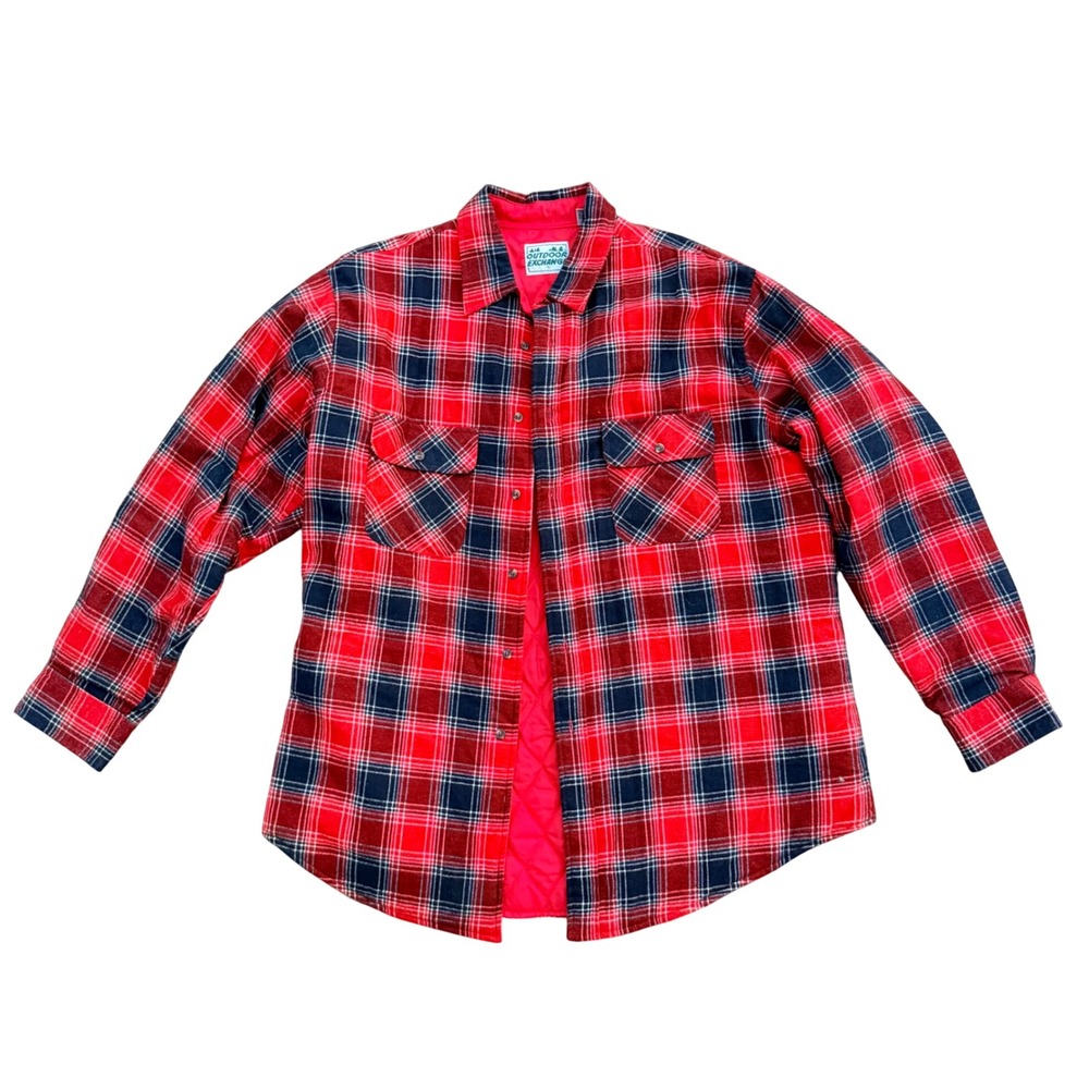 Outdoor Exchange Men XL Red Plaid Quilted Flannel Shirt Jacket Button Up Lined